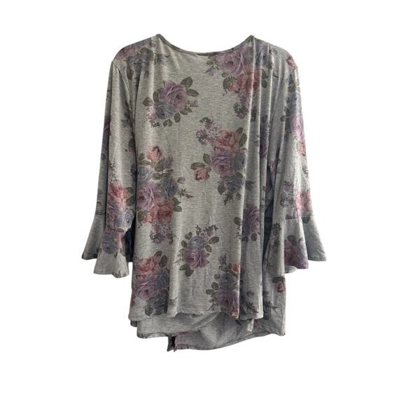 Jennie & Marlis Plus Size 3X Wrap Tie Top Bell Sleeve Gray Floral Knit Top #4014 - Picture 8 of 10